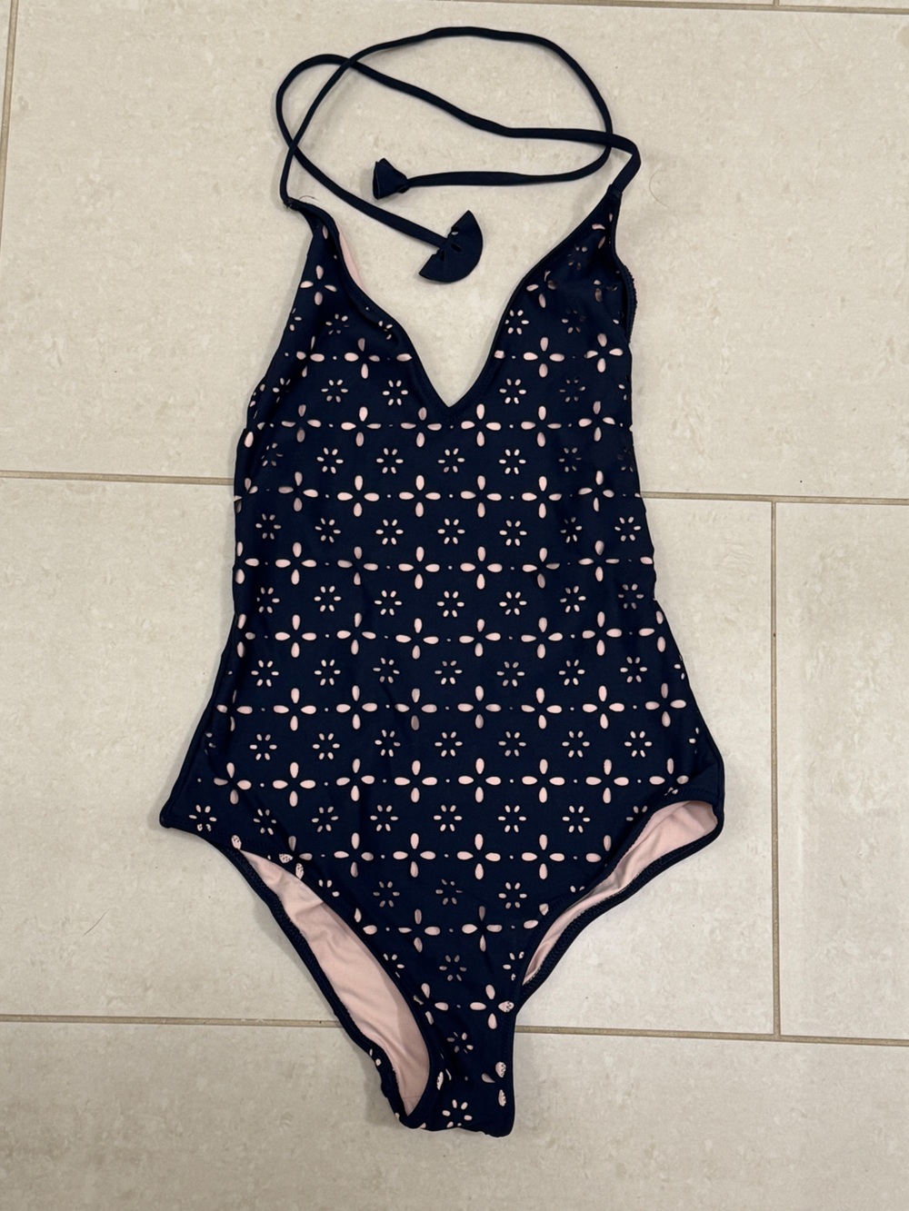 J. Crew Navy and Light Pink Floral Cutout One-Piece Halter Swimsuit